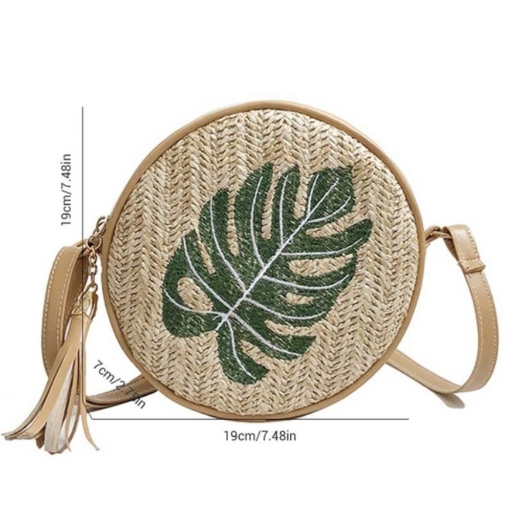 Green Leaf Pattern Straw Pu Circle Bag - image 3